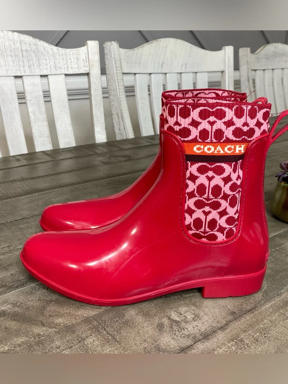 Coach Rivington Rain Bootie Candy Apple Red Rubber Chelsea Boots Size 10